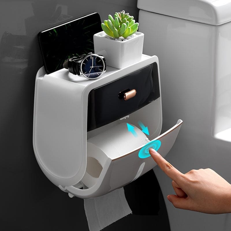 1pc Toilet Roll Paper Holder, Double Layer Large Capacity Tissue Storage Box, Wall Mounted Bathroom Tissue Dispenser, Waterproof Tissue Box, Bathroom Accessories